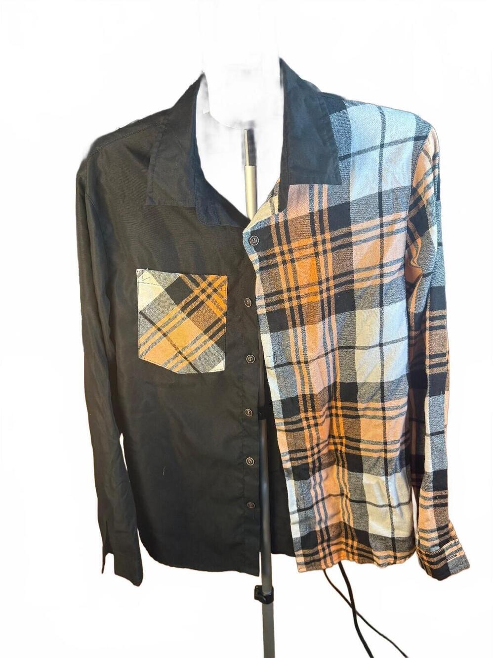 Mens Two-Tone Plaid and Solid Button-Up Shirt sz L Shein